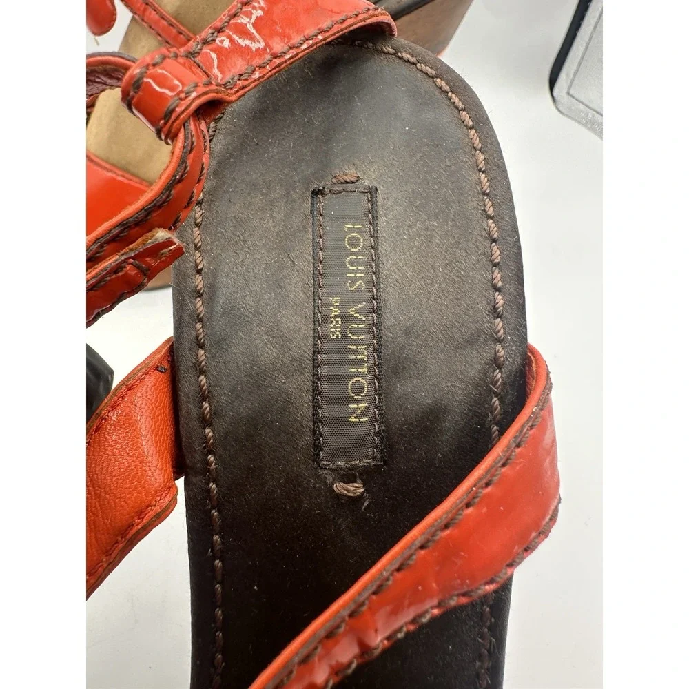 Louis Vuitton Patent Leather T-Strap Platform Sandals Red Orange Gold LV Heels